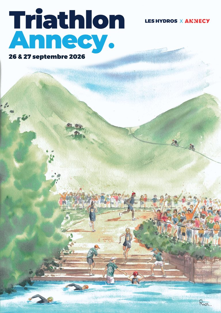Affiche illustrée du Triathlon Annecy, les 26 et 27 septembre 2026